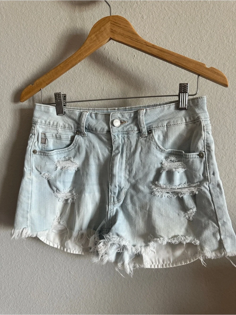 Just USA High Rise Distressed Hi-Lo Denim Shorts Light Blue - Picture 5 of 9